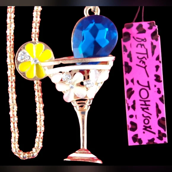 Gold plated blue and white crystal lemon martini glass necklace - Picture 9 of 16